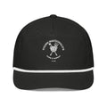 Farm & Fairway Club Cap — black rope golf cap with white embroidered Young MacDonald's full crest, front view
