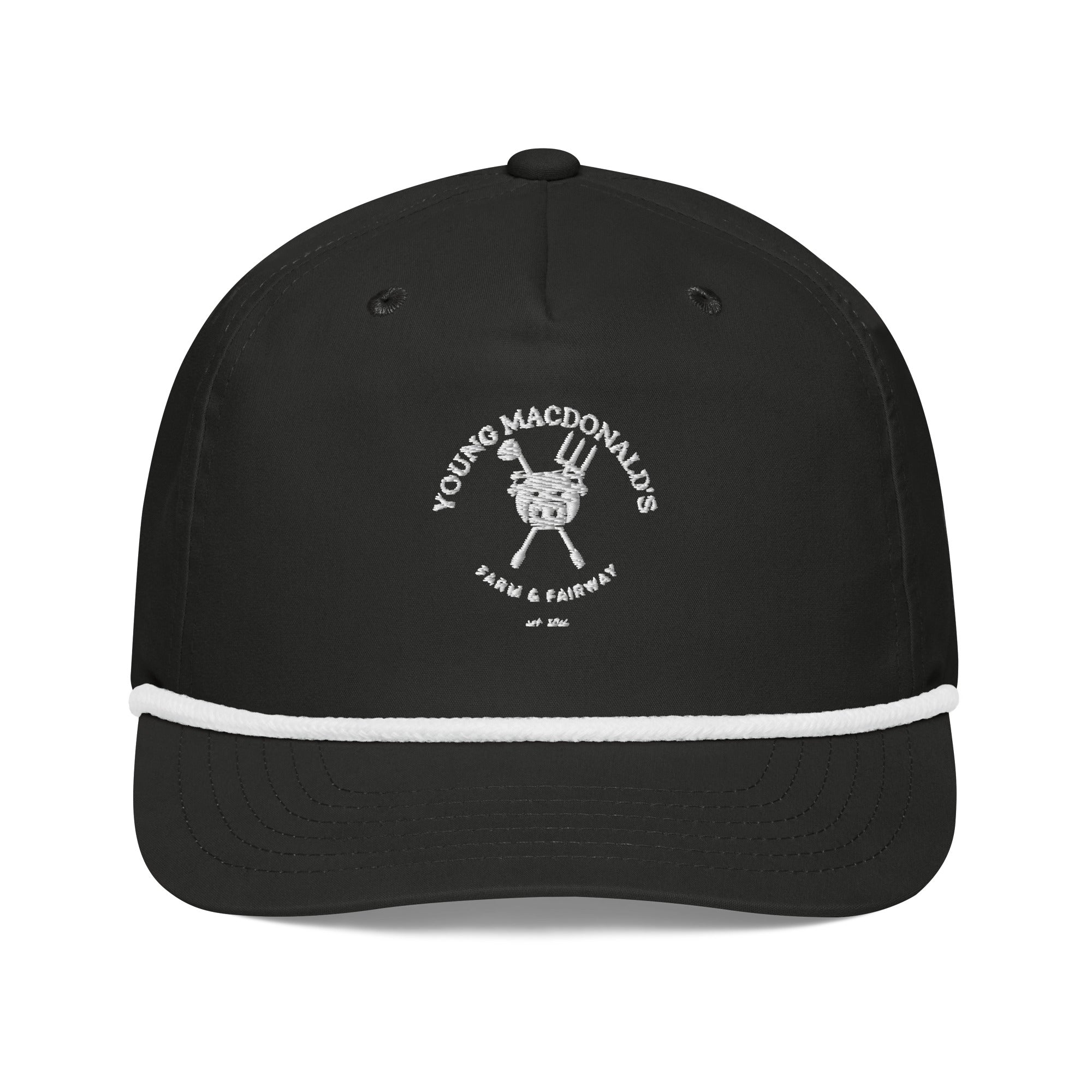 Farm & Fairway Club Cap — black rope golf cap with white embroidered Young MacDonald's full crest, front view