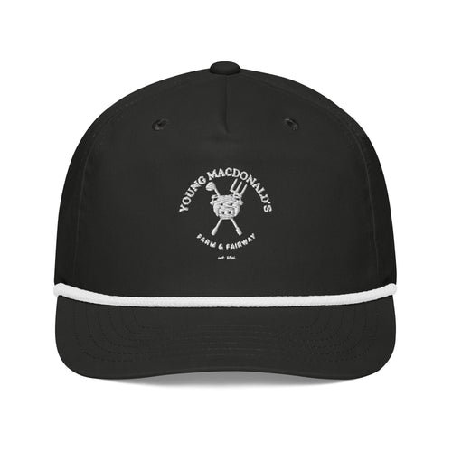 Farm & Fairway Club Cap — black rope golf cap with white embroidered Young MacDonald's full crest, front view