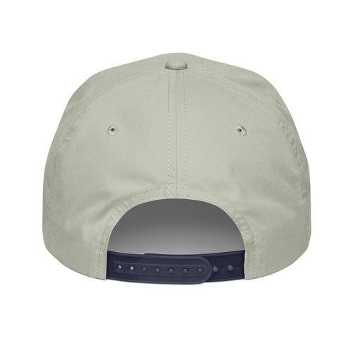 Farm & Fairway Rope Cap in light gray and navy with YMF pig crest, back view