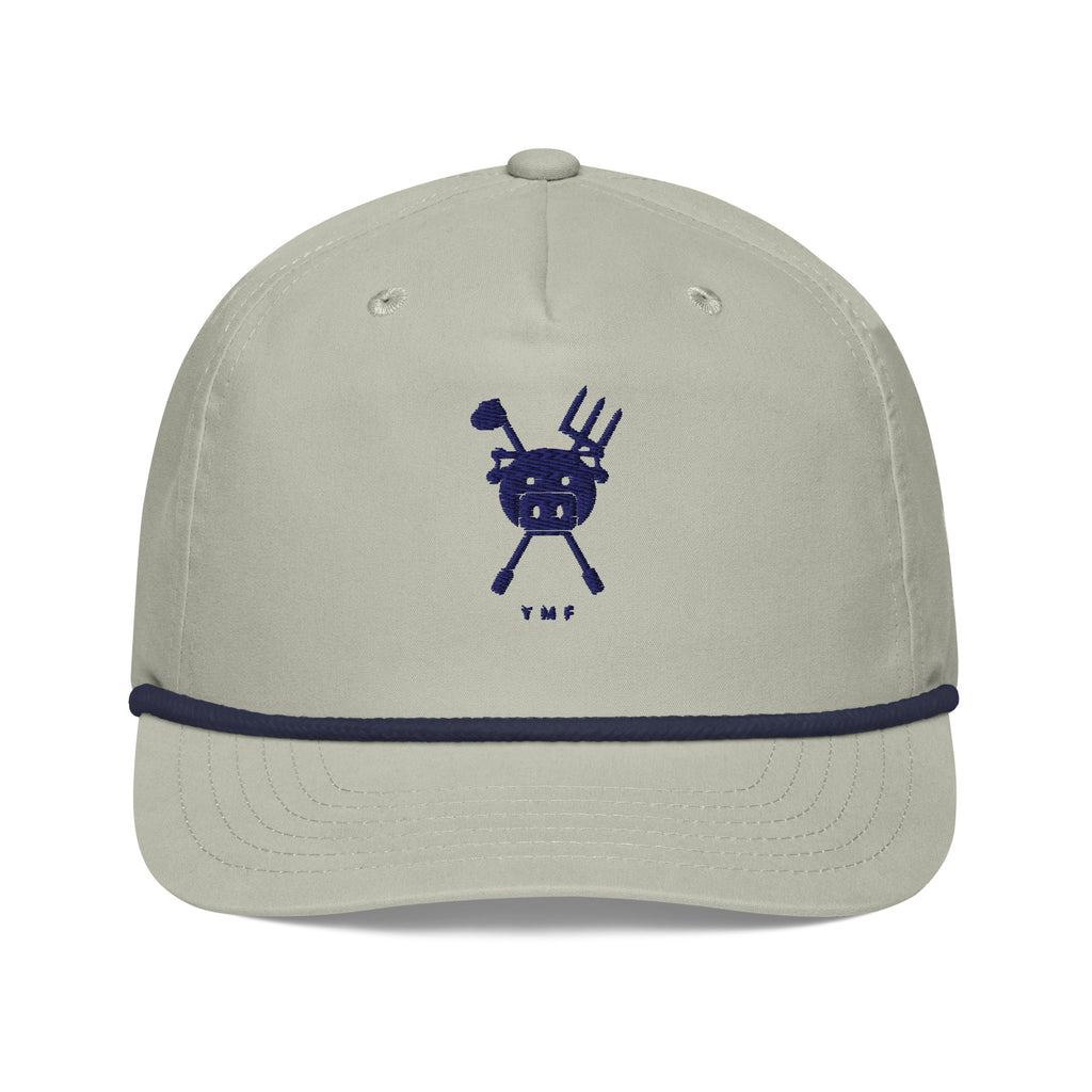 Farm & Fairway Rope Cap — light gray and navy golf rope cap with navy embroidered YMF pig crest, front view