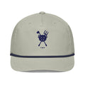 Farm & Fairway Rope Cap — light gray and navy golf rope cap with navy embroidered YMF pig crest, front view