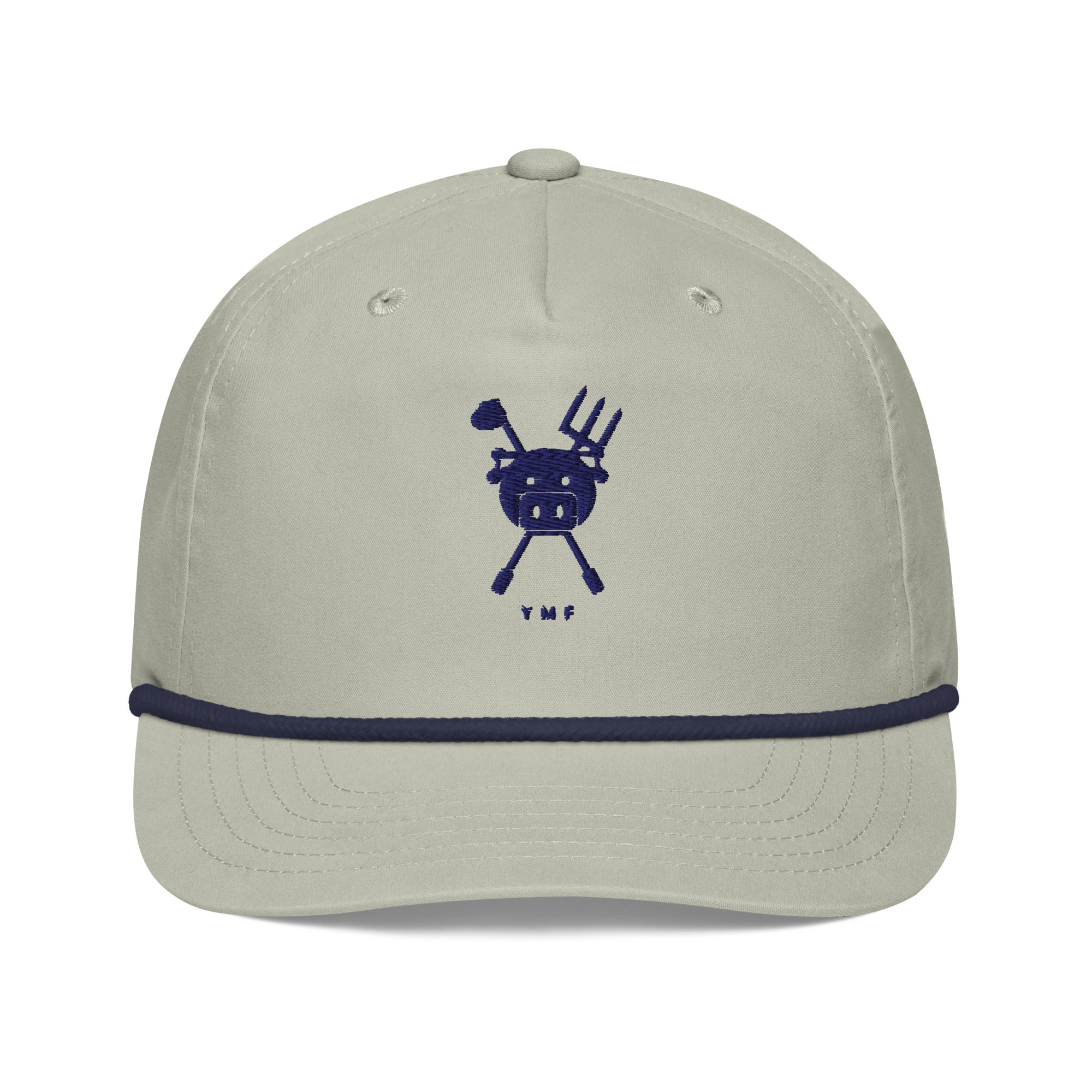 Farm & Fairway Rope Cap — light gray and navy golf rope cap with navy embroidered YMF pig crest, front view