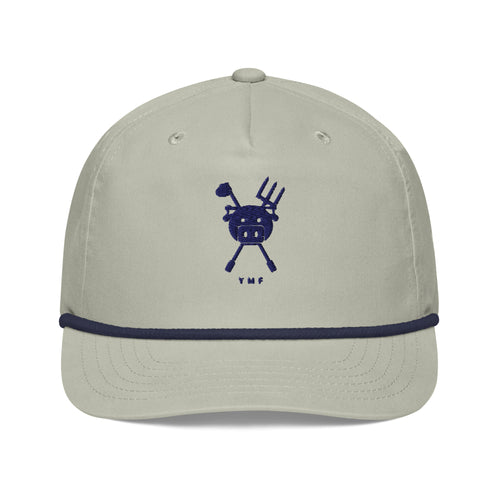 Farm & Fairway Rope Cap — light gray and navy golf rope cap with navy embroidered YMF pig crest, front view