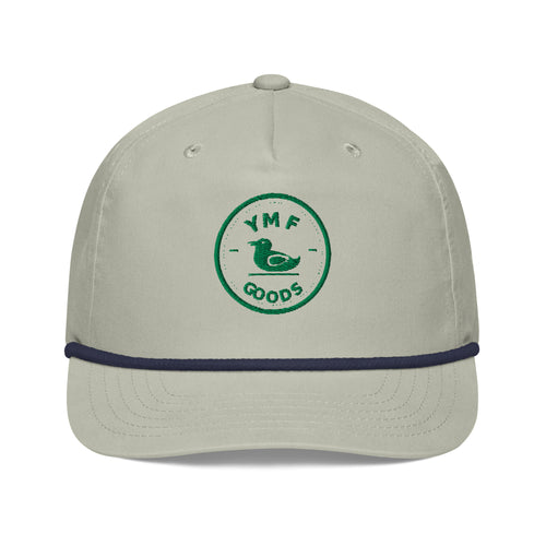 YMF Embroidered Golf Rope Cap with duck logo, khaki-toned rope golf hat, front view