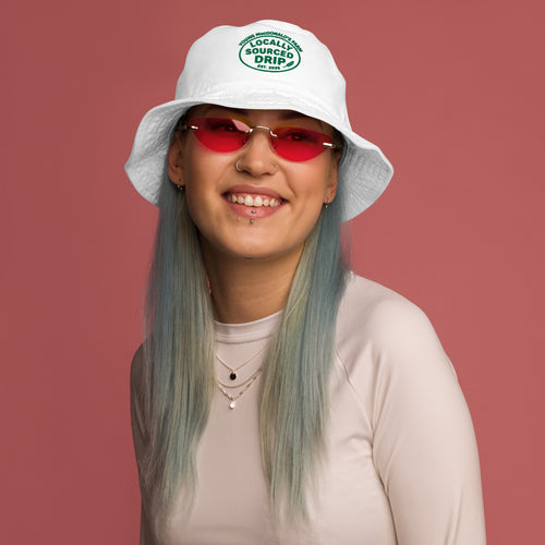 Locally Sourced Drip organic cotton bucket hat in Bio White with green embroidered farmers market badge, front view