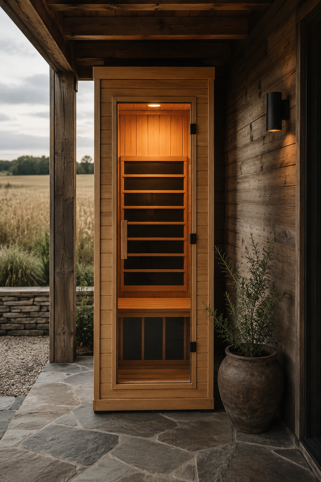 Original YMF-style compact outdoor infrared sauna scene