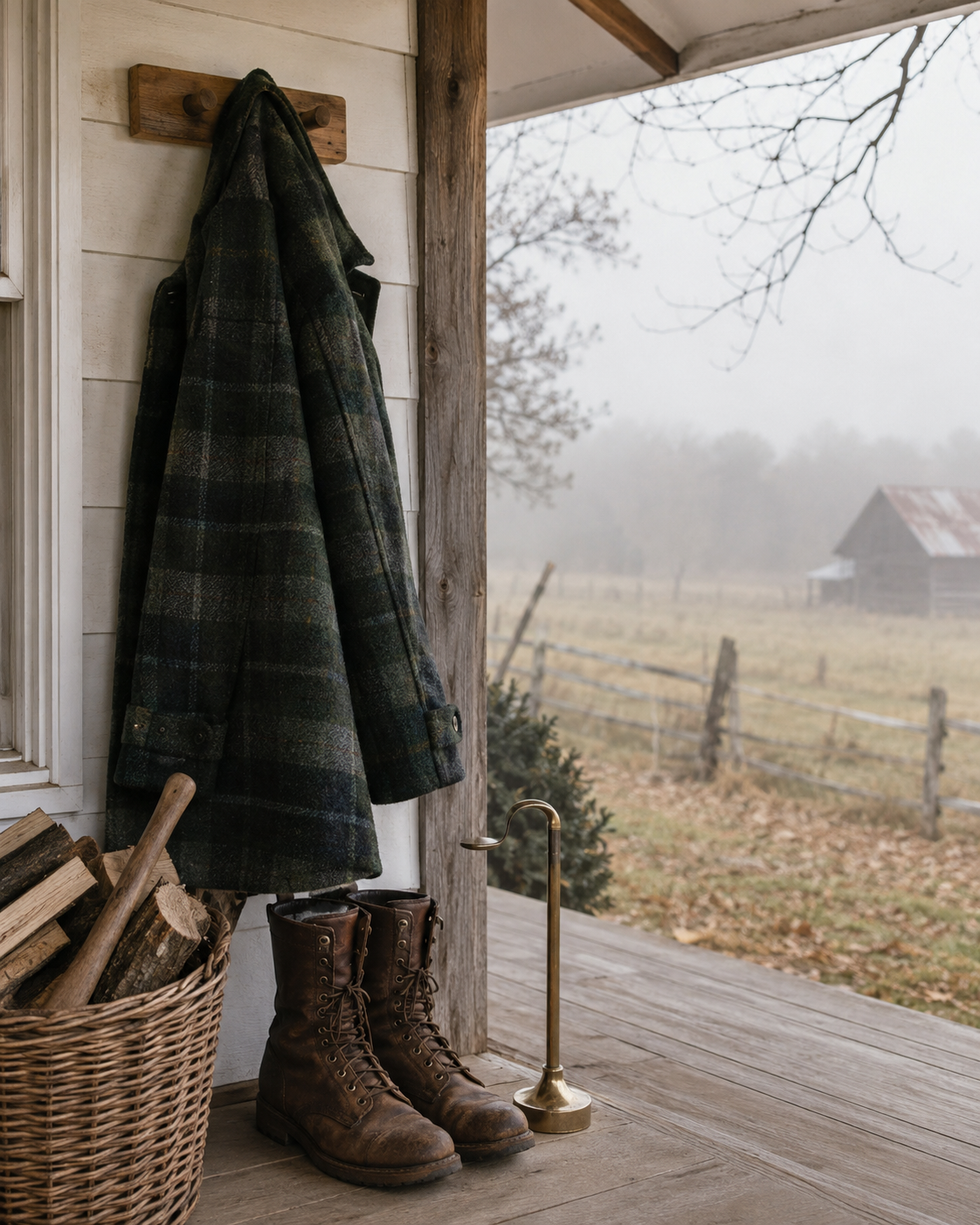 Heavy wool cruiser-style coat hanging on a farmhouse porch with boots and firewood for front porch cold-weather use