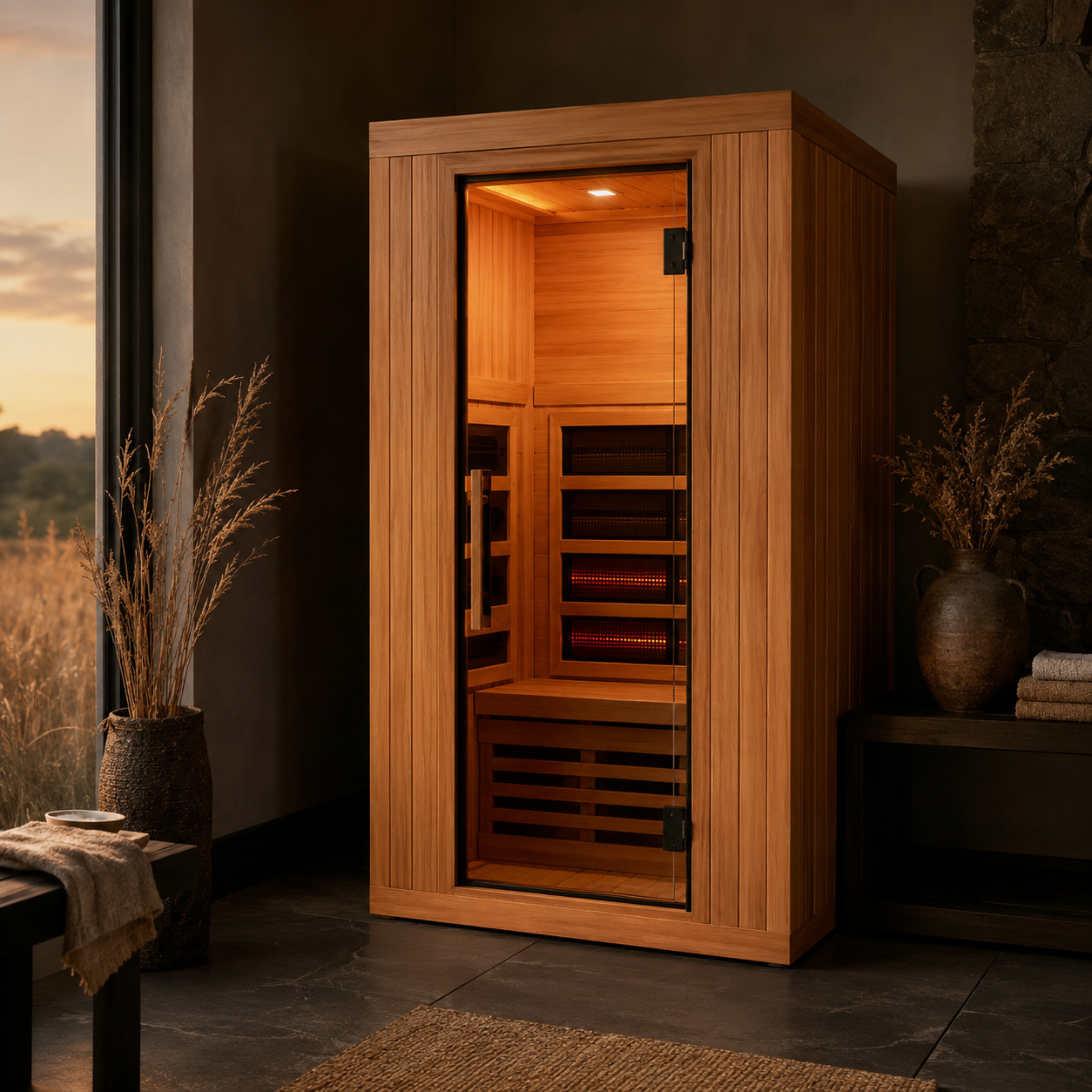 Original YMF-style indoor infrared sauna recovery scene