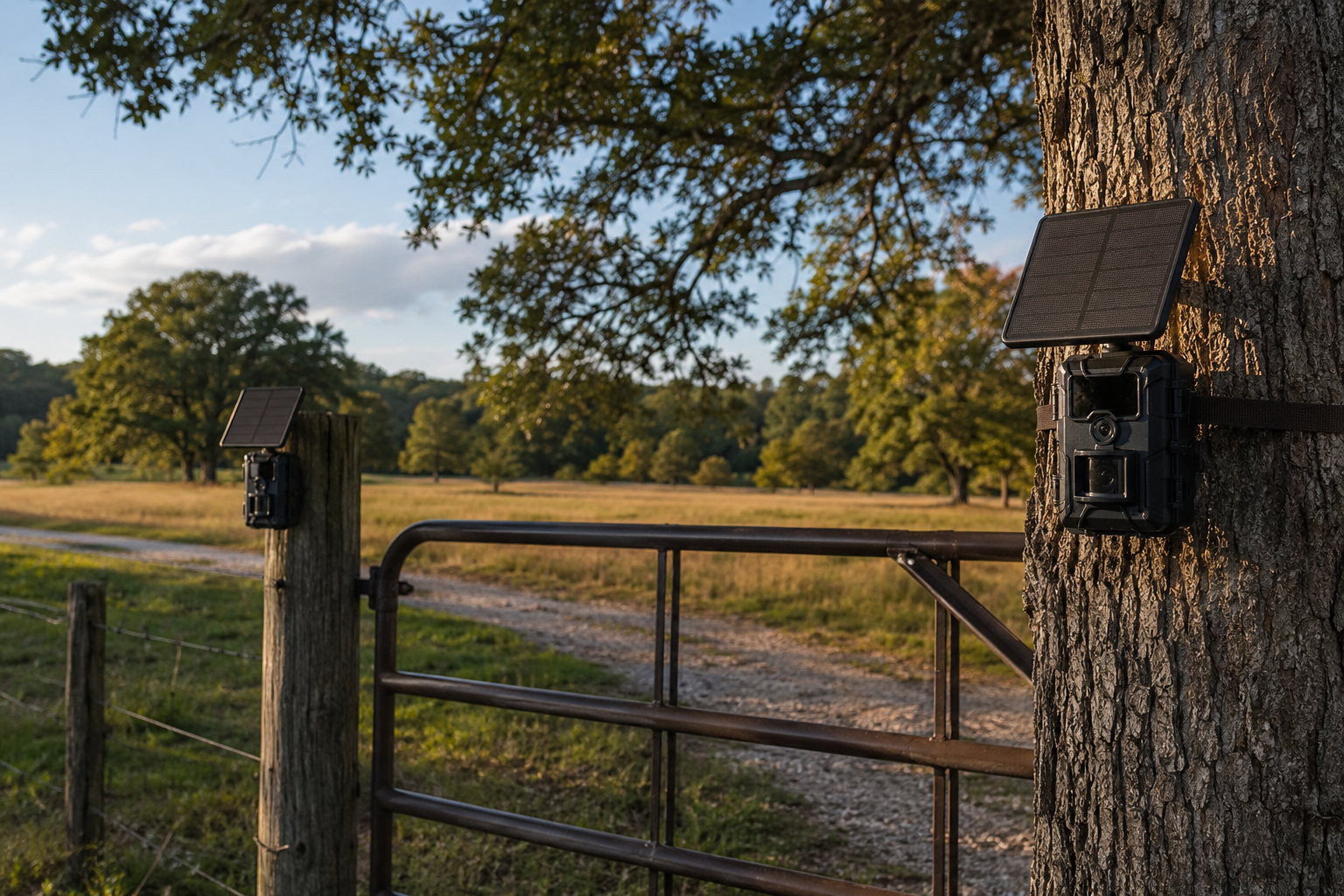 Solar cellular trail camera setup watching a gate and field edge