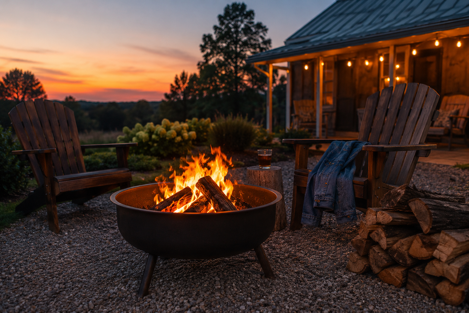 Smokeless fire pit on a gravel country patio with chairs and firewood for a premium backyard fire circle