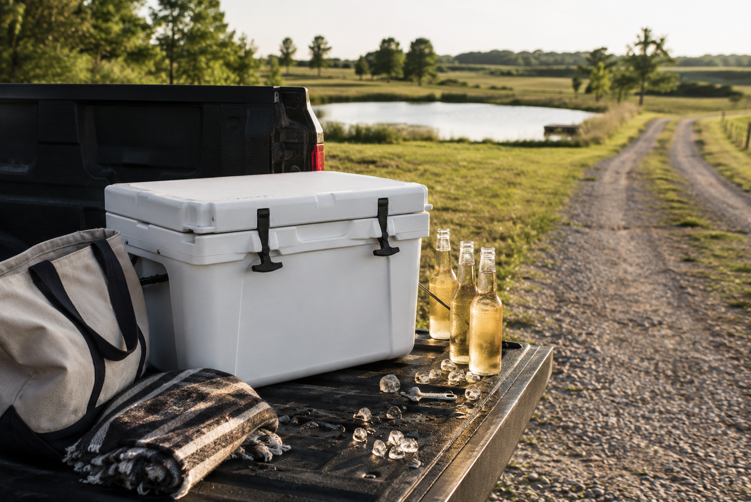 Premium hard cooler on a truck tailgate with cold drinks and summer country weekend gear